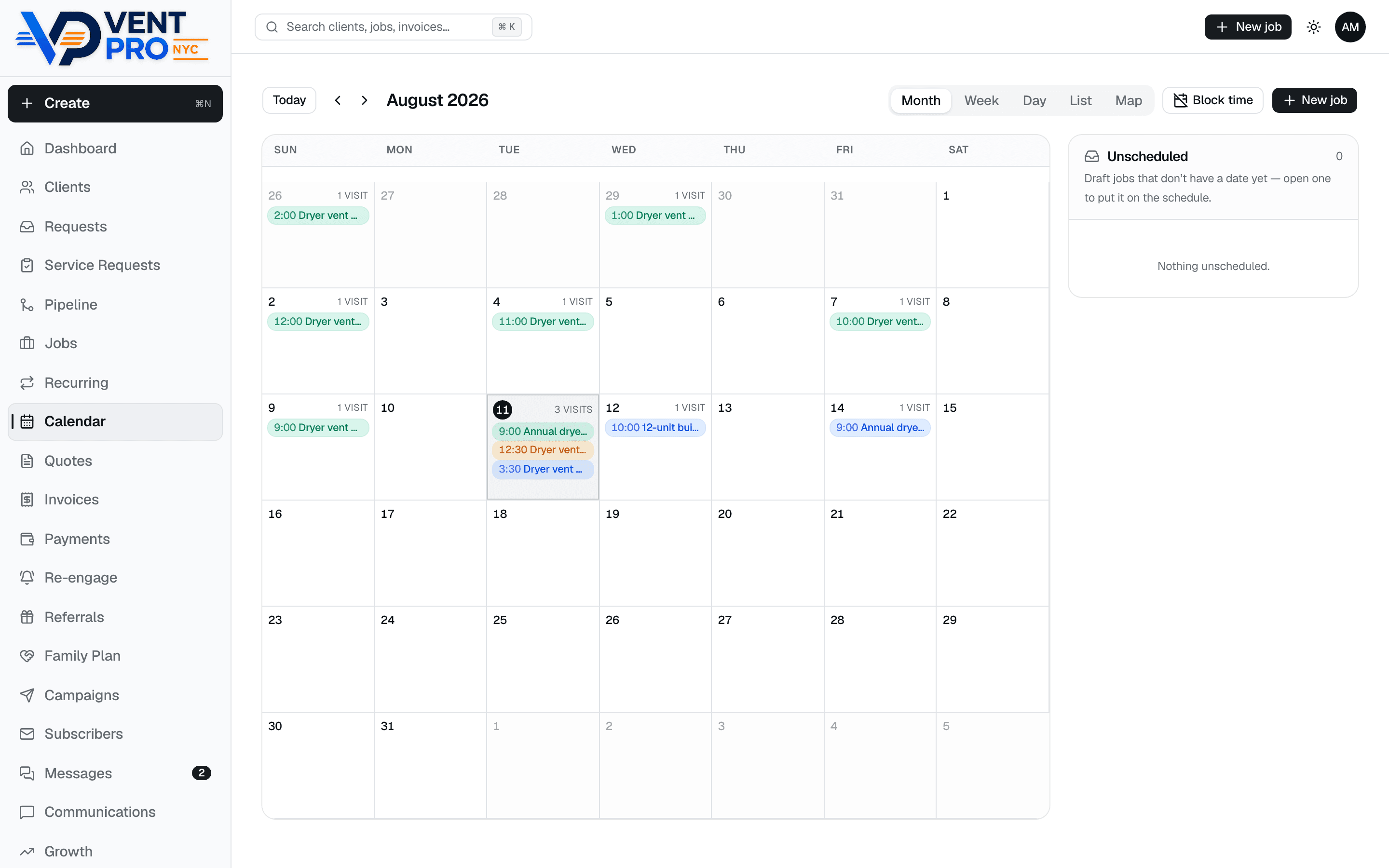 VentCRM desktop calendar: a month view of August with color-coded visits and month, week, day, list, and map views