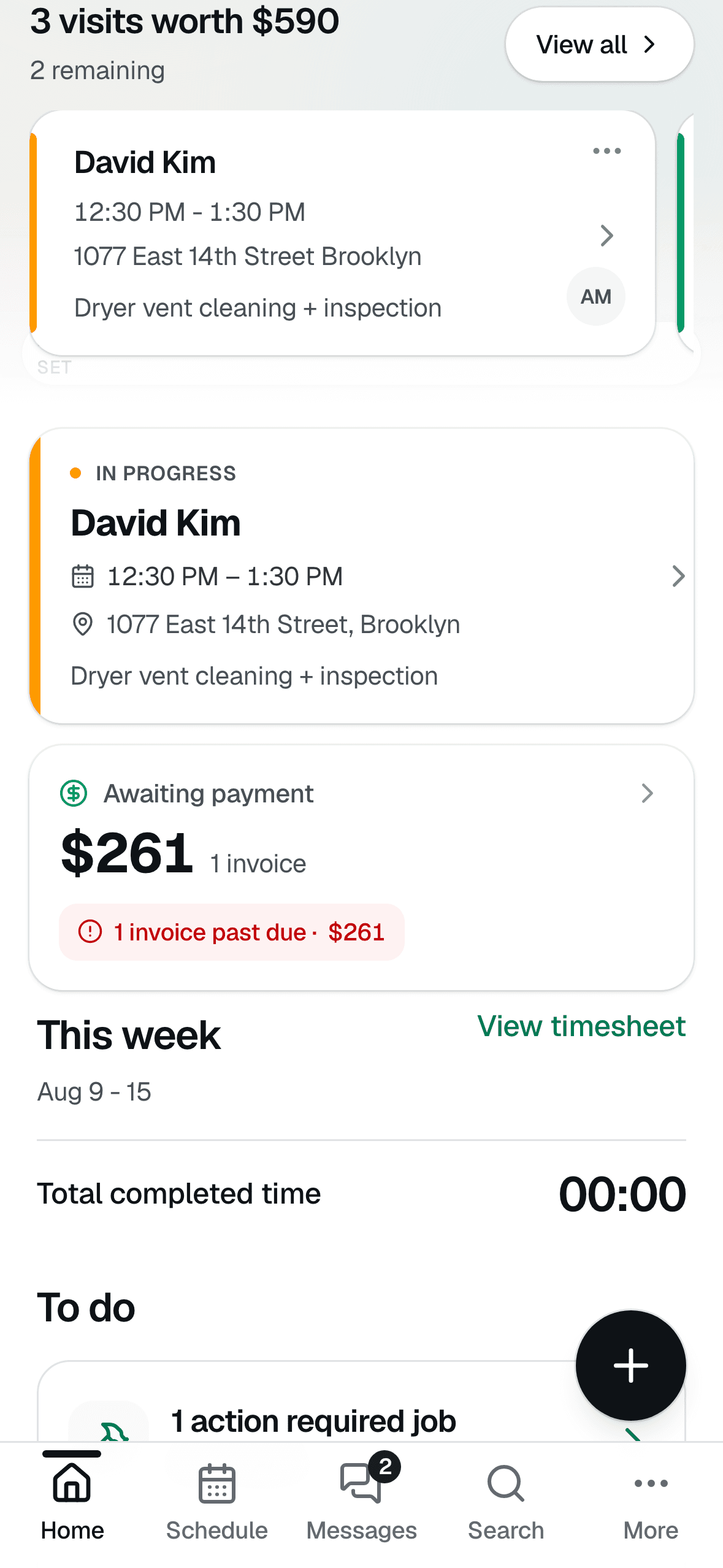 VentCRM mobile dashboard: three visits worth $590, a job in progress, an awaiting-payment tile showing a past-due invoice, and a weekly to-do list