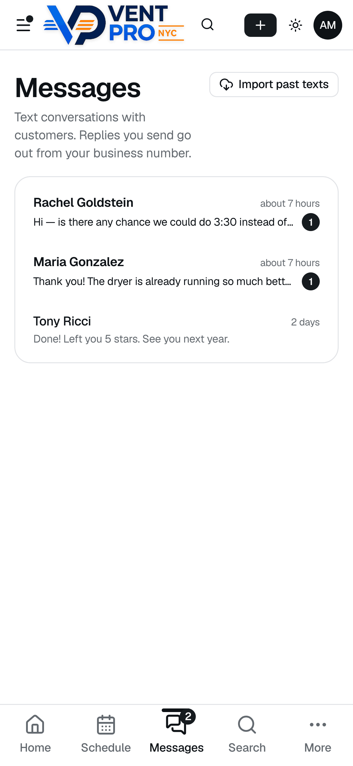 VentCRM messages inbox: two customer text conversations with unread badges and an option to import past texts