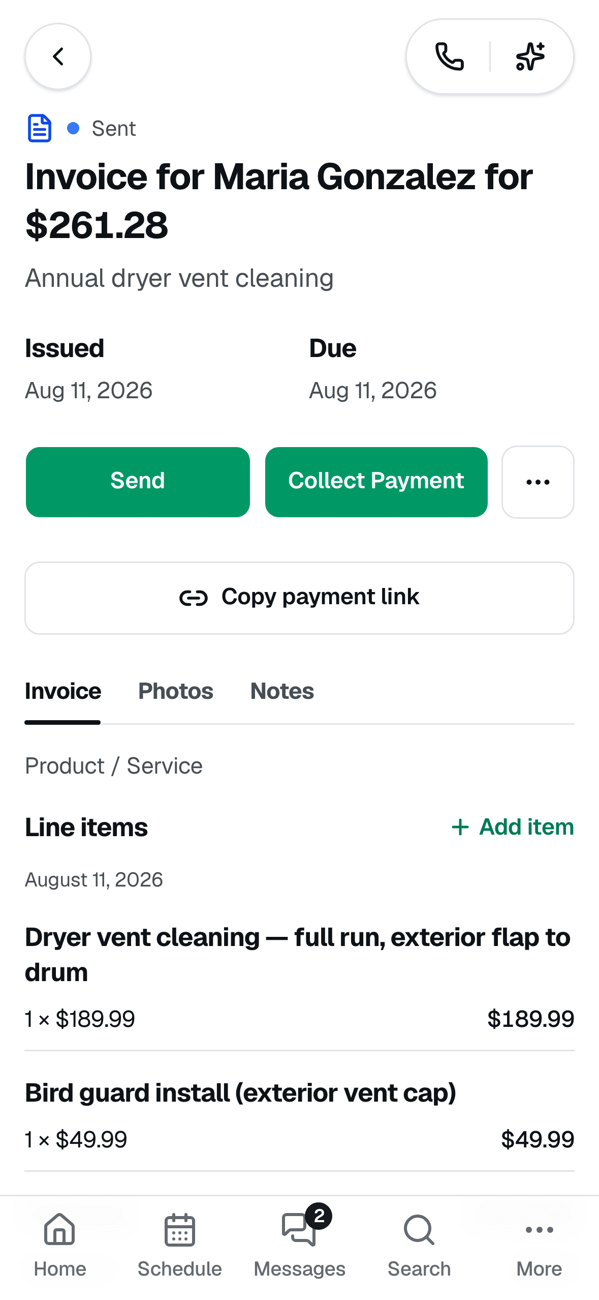 VentCRM mobile invoice: a $261.28 invoice with Send, Collect Payment, and Copy payment link buttons and itemized line items