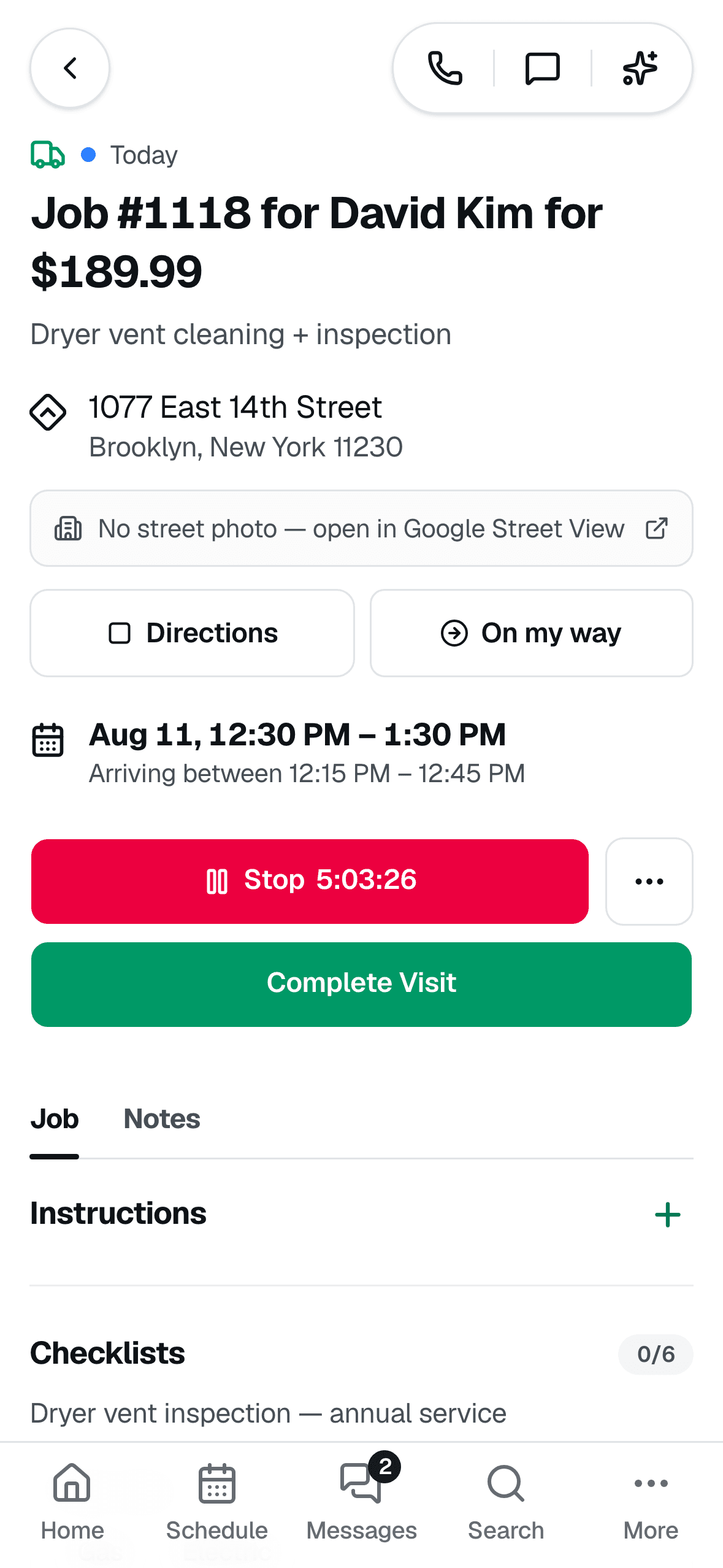 VentCRM job visit screen on a phone: job #1107 for $189.99 with directions, an On my way button, a running visit timer, a Complete Visit button, and an inspection checklist