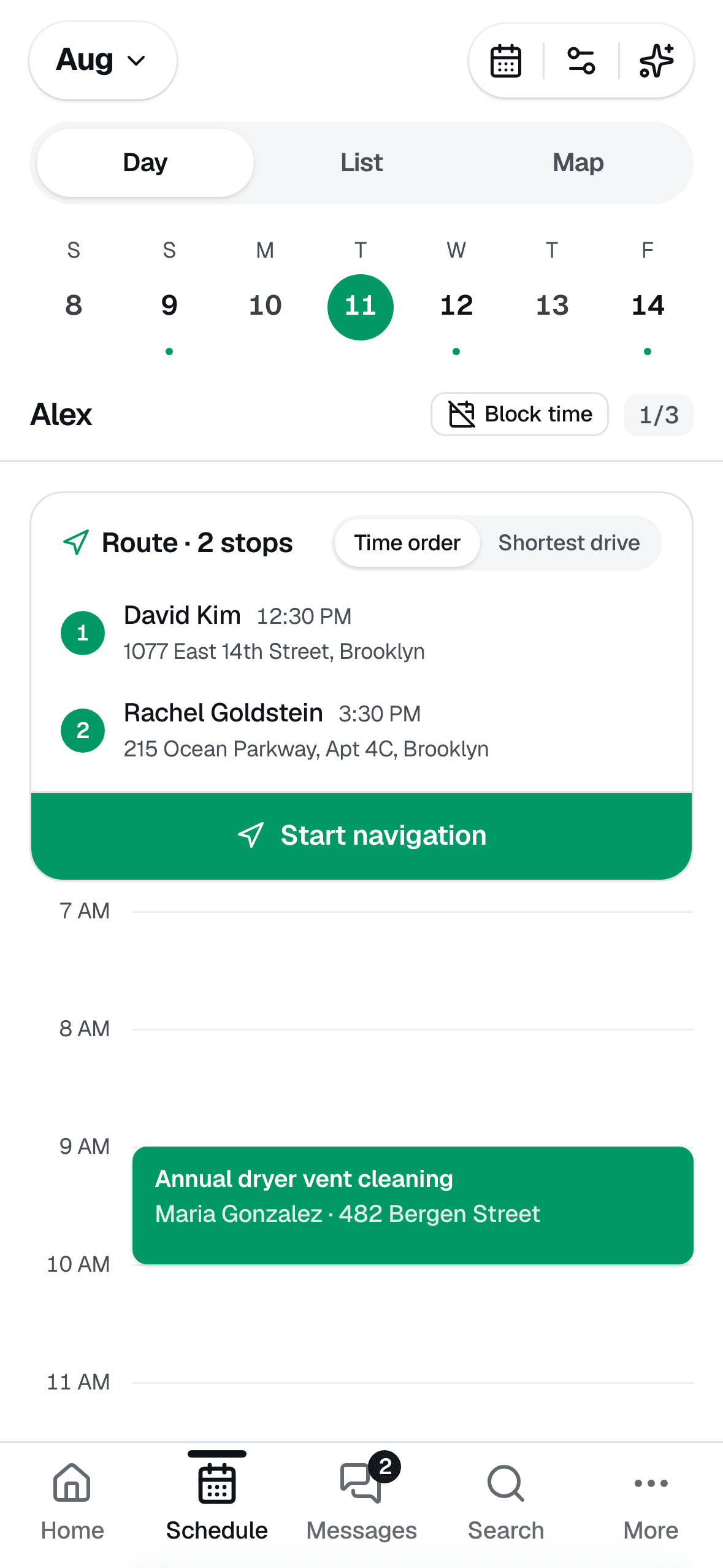 VentCRM mobile schedule: a day view with a two-stop route card offering time-order or shortest-drive ordering and a Start navigation button
